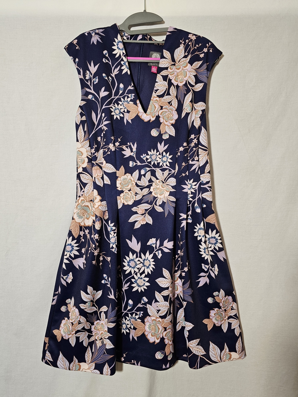Vince Camuto 12 Women's Navy Floral V-Neck Sleeveless Fit & Flare Knee Dress